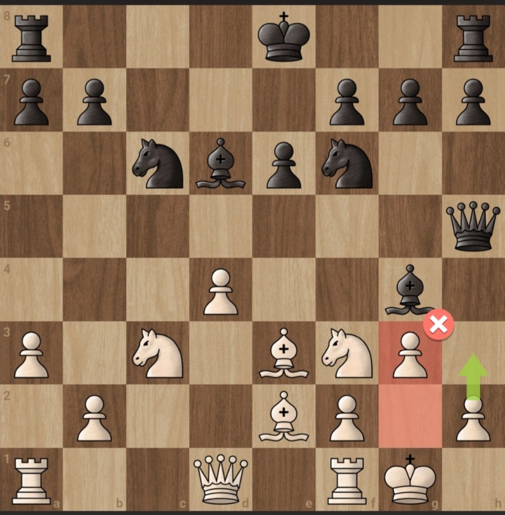 Chess position from Derek McGovern against Raj Jhooti after 12.g3, highlighting the alternative 12.h3