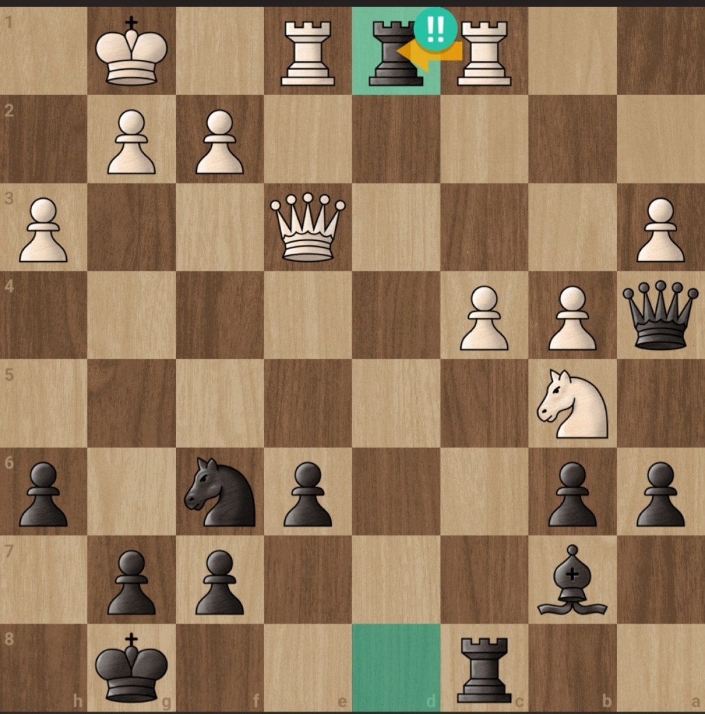 Chess position from Liam O'Sullivan versus JJ Padam after 29 Bd1, showing Black's tactical resource 29...Rxd1.