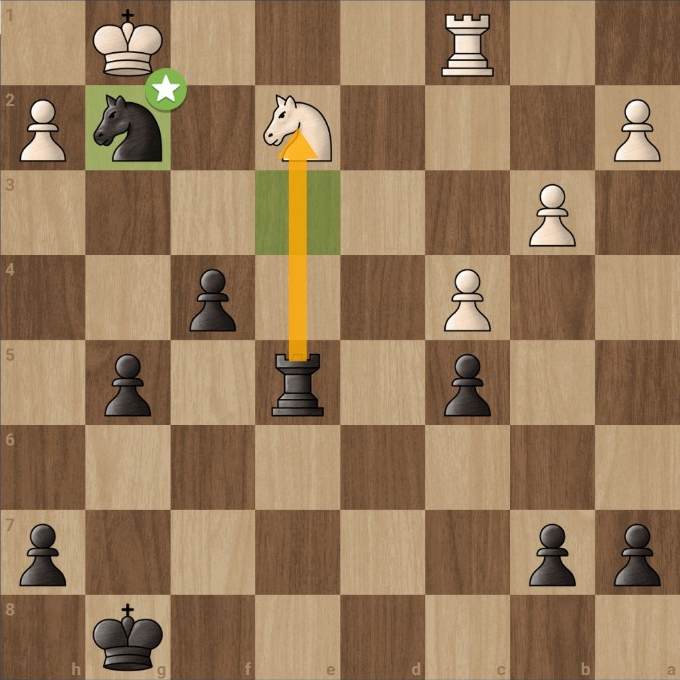 Position after Bower's 25...Nxg2, exposing the white knight on e2 to the rook on e5.