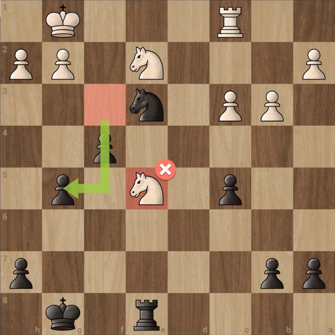 Position after Humphry played 24.Nxe5 rather than taking the g5-pawn with 24.Nxg5.
