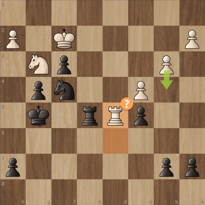 Position after 32.Rd5 by Humphry, allowing Black's knight on f4 to capture the rook with 32...Nxd5.