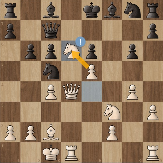 Position after Ye Kyaw played 21.Nd6+, checking the black king in the Dutch Defence.